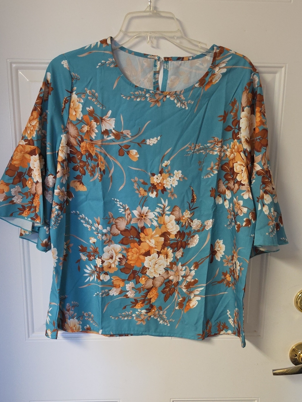 Teal Floral Bell-Sleeve Women’s Blouse